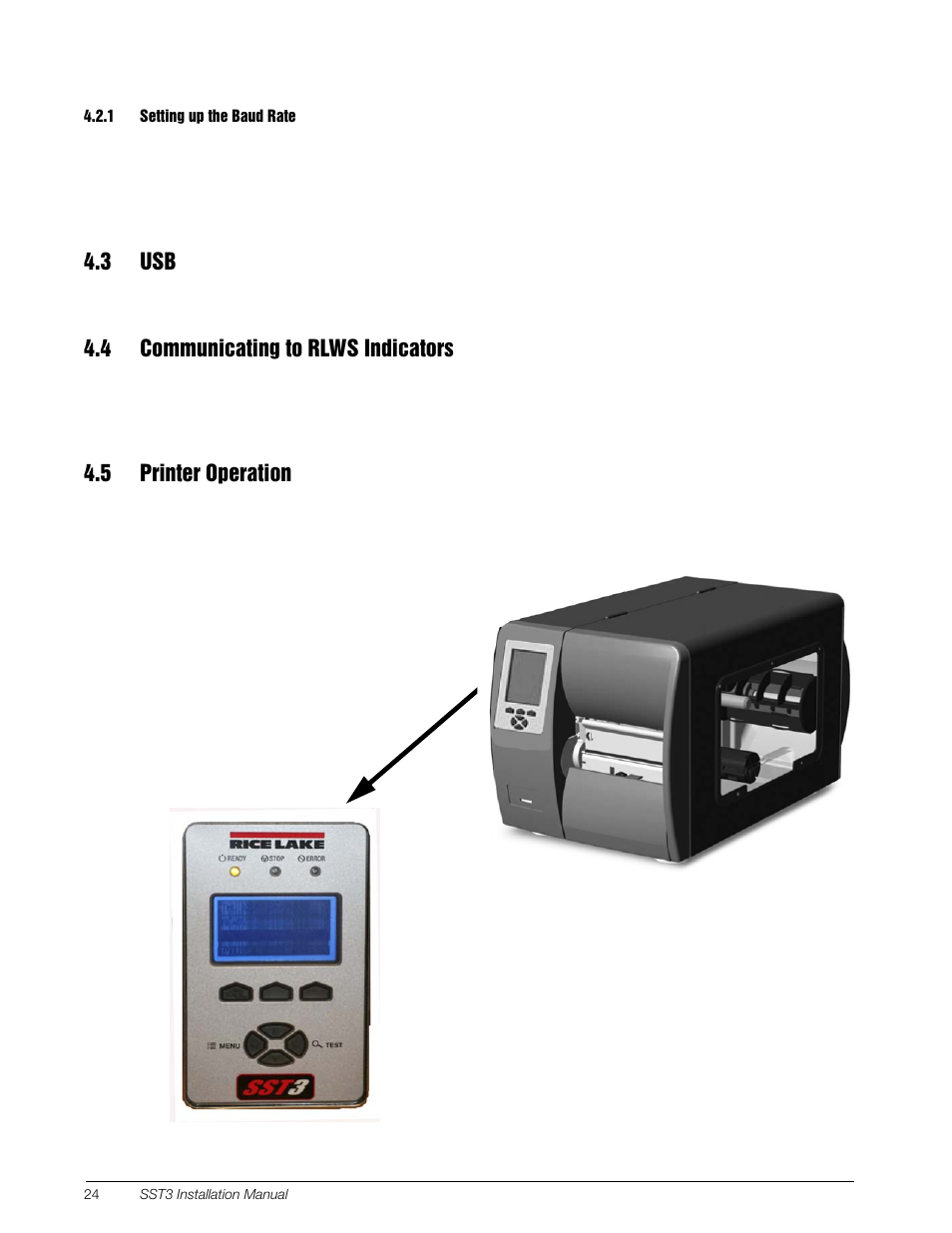 1 setting up the baud rate, 3 usb, 4 communicating to rlws indicators | 5 printer operation | Rice Lake SURVIVOR SST3 Washdown Printer User Manual | Page 27 / 50