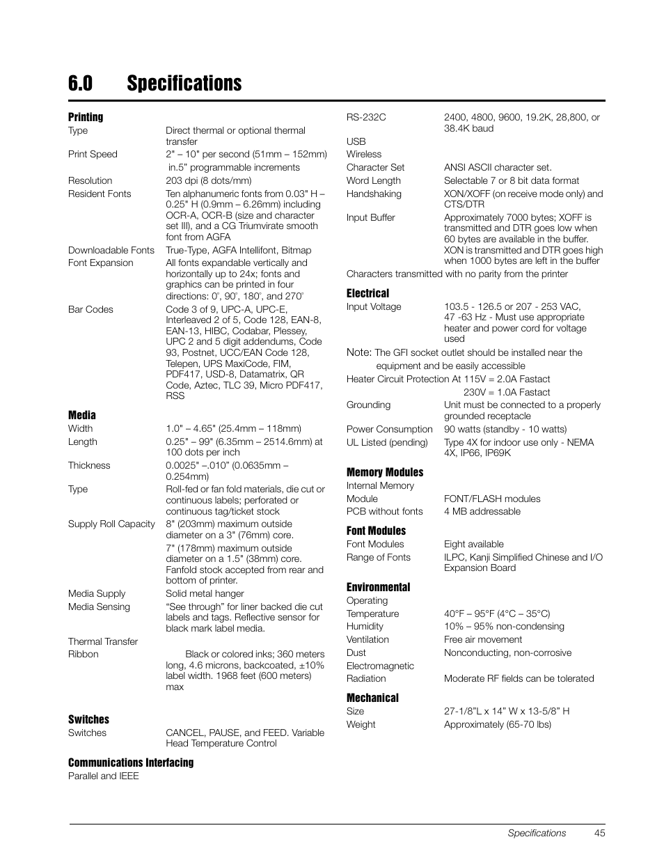 0 specifications | Rice Lake SURVIVOR SST3 Washdown Printer User Manual | Page 48 / 50