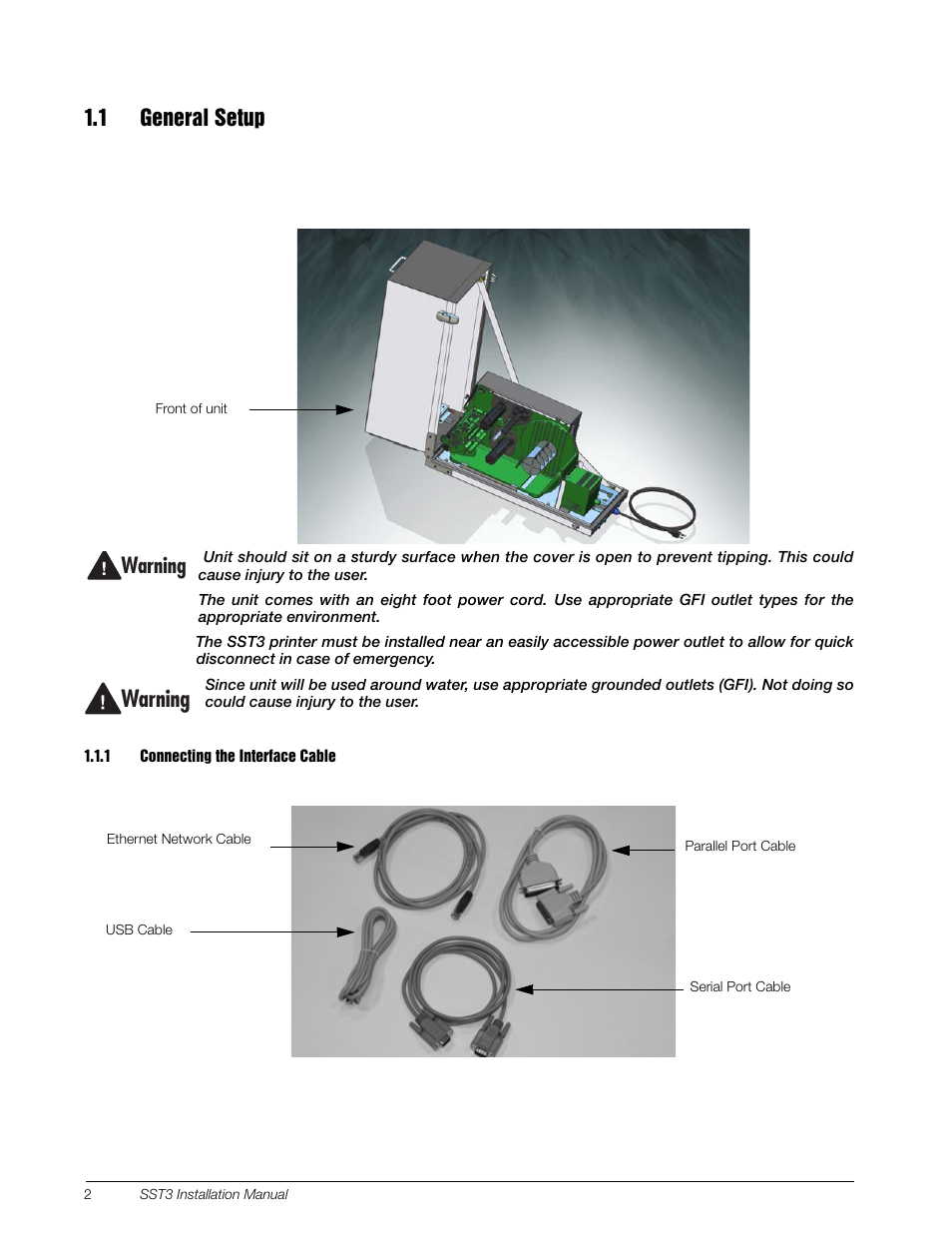 1 general setup, 1 connecting the interface cable, Warning | Rice Lake SURVIVOR SST3 Washdown Printer User Manual | Page 5 / 50