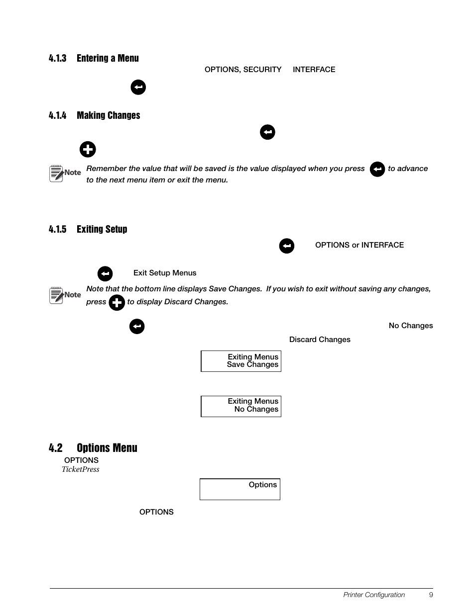 3 entering a menu, 4 making changes, 5 exiting setup | 2 options menu, Entering a menu, Making changes, Exiting setup | Rice Lake TicketPress - Installation and Operation Manual User Manual | Page 13 / 48