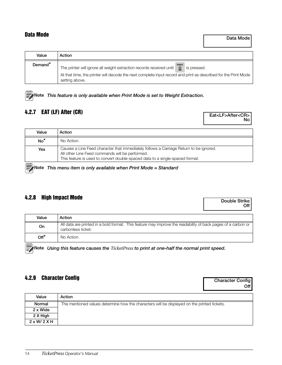 7 eat (lf) after (cr), 8 high impact mode, 9 character config | Eat (lf) after (cr), High impact mode, Character config | Rice Lake TicketPress - Installation and Operation Manual User Manual | Page 18 / 48