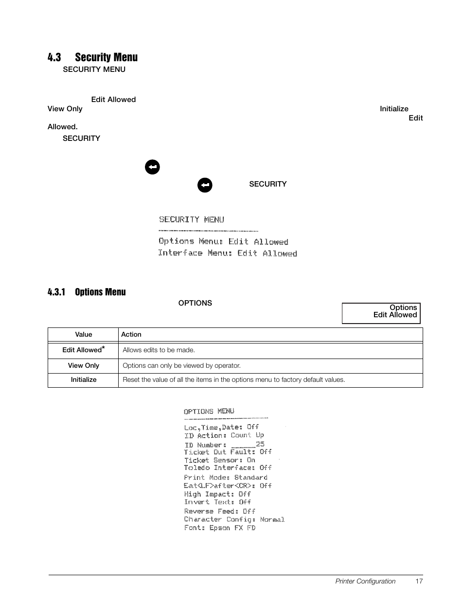 3 security menu, 1 options menu, Options menu | Rice Lake TicketPress - Installation and Operation Manual User Manual | Page 21 / 48