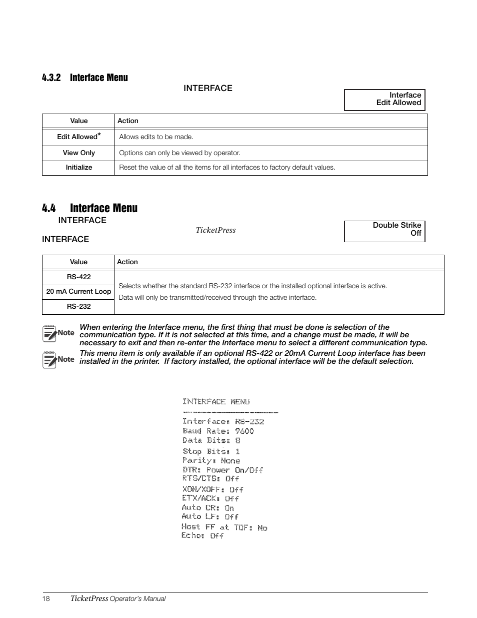 2 interface menu, 4 interface menu, Interface menu | Rice Lake TicketPress - Installation and Operation Manual User Manual | Page 22 / 48