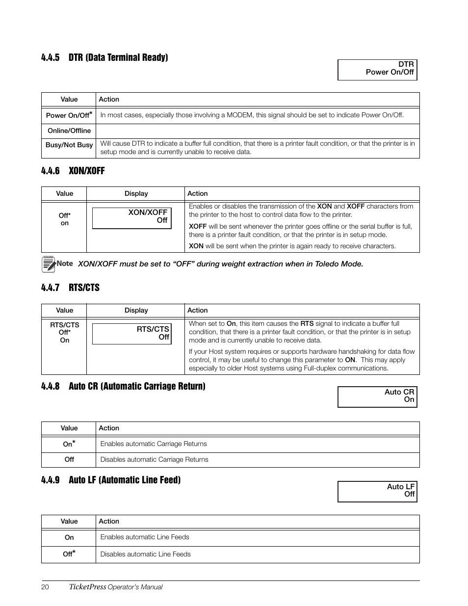 5 dtr (data terminal ready), 6 xon/xoff, 7 rts/cts | 8 auto cr (automatic carriage return), 9 auto lf (automatic line feed), Dtr (data terminal ready), Xon/xoff, Rts/cts, Auto cr (automatic carriage return), Auto lf (automatic line feed) | Rice Lake TicketPress - Installation and Operation Manual User Manual | Page 24 / 48