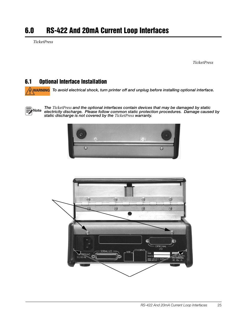 0 rs-422 and 20ma current loop interfaces, 1 optional interface installation, Rs-422 and 20ma current loop interfaces | Rice Lake TicketPress - Installation and Operation Manual User Manual | Page 29 / 48
