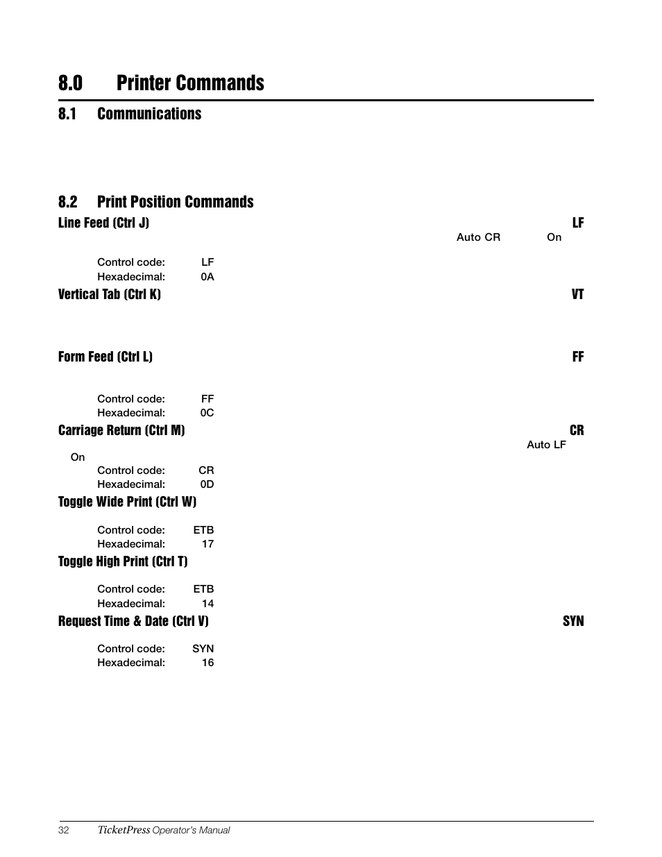 0 printer commands, 1 communications, 2 print position commands | Printer commands, 1 communications 8.2 print position commands | Rice Lake TicketPress - Installation and Operation Manual User Manual | Page 36 / 48