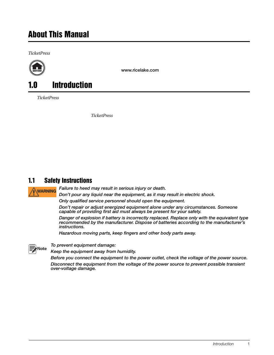About this manual, 0 introduction, 1 safety instructions | About this manual 1.0, Introduction | Rice Lake TicketPress - Installation and Operation Manual User Manual | Page 5 / 48