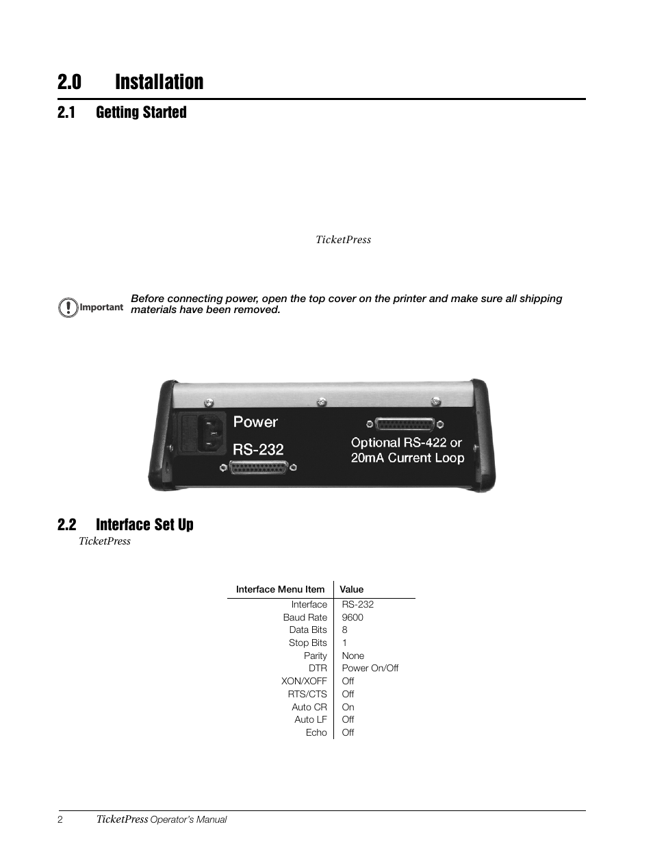 0 installation, 1 getting started, 2 interface set up | Installation, 1 getting started 2.2 interface set up | Rice Lake TicketPress - Installation and Operation Manual User Manual | Page 6 / 48