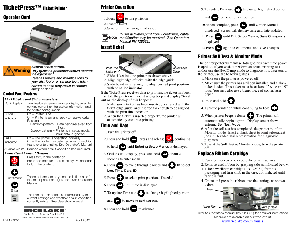 Rice Lake TicketPress - Operator Card User Manual | 2 pages