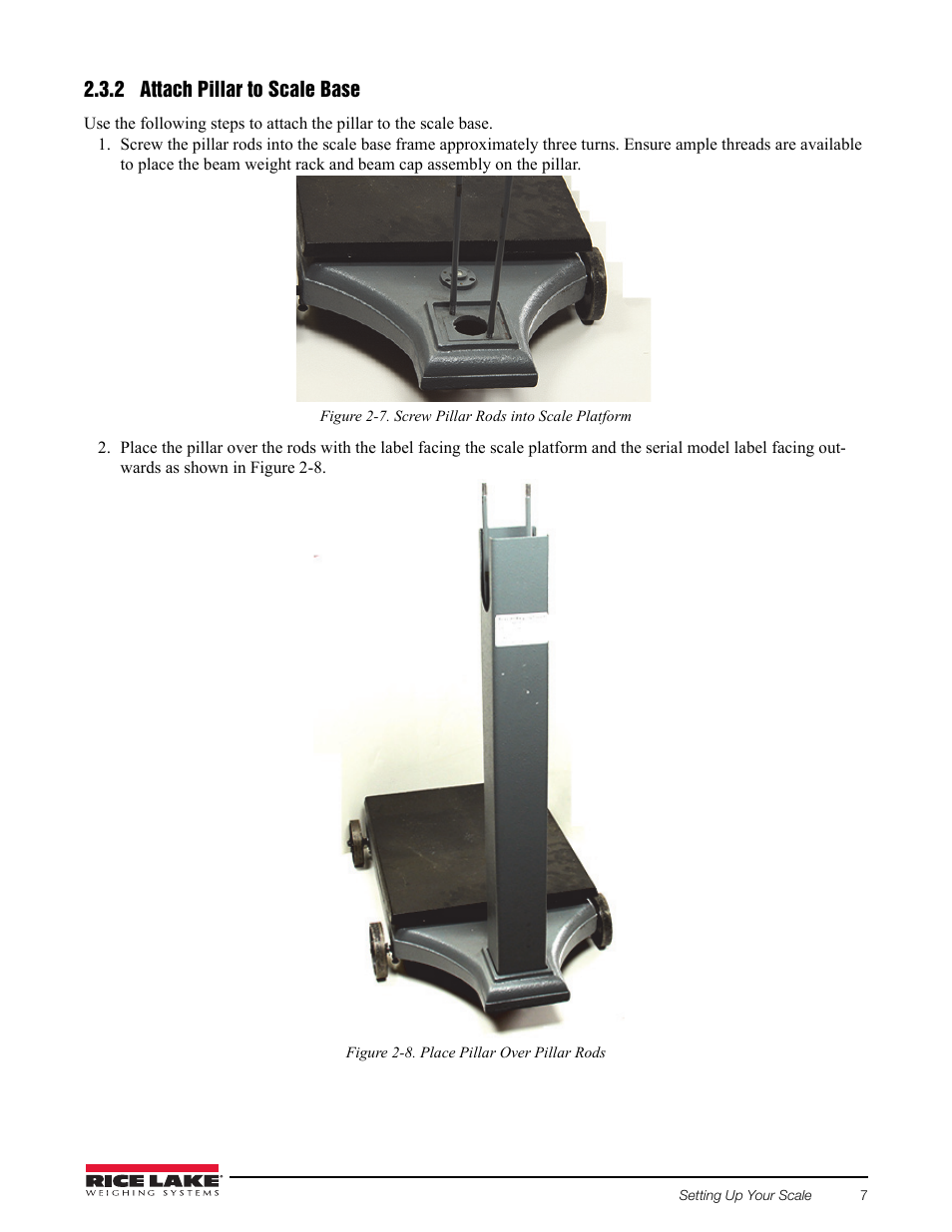 2 attach pillar to scale base, Attach pillar to scale base | Rice Lake RL1200 Portable Beam Scale User Manual | Page 11 / 32