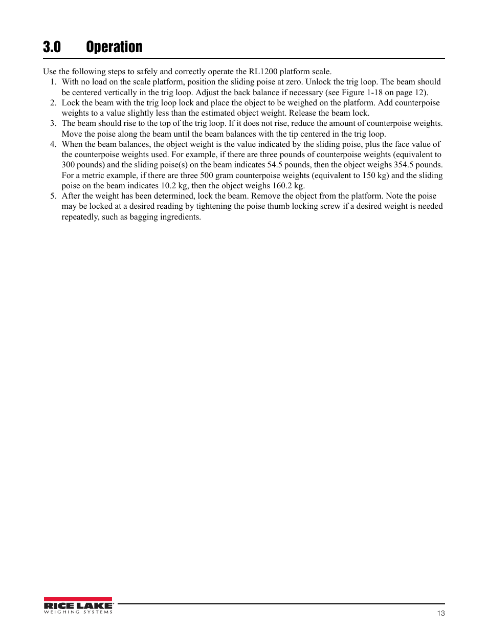 0 operation, Operation | Rice Lake RL1200 Portable Beam Scale User Manual | Page 17 / 32