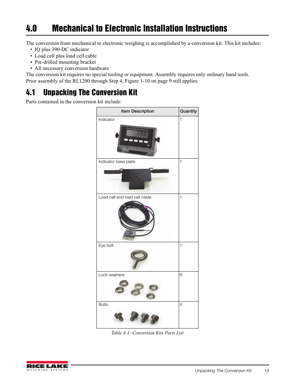 1 unpacking the conversion kit, Mechanical to electronic installation instructions | Rice Lake RL1200 Portable Beam Scale User Manual | Page 23 / 32