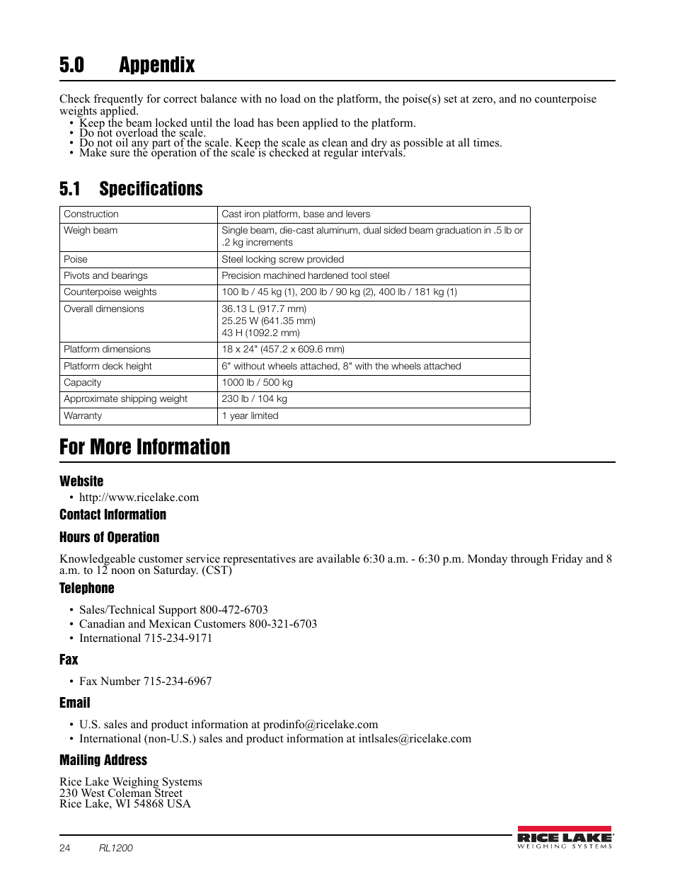 0 appendix, 1 specifications, For more information | Appendix | Rice Lake RL1200 Portable Beam Scale User Manual | Page 28 / 32