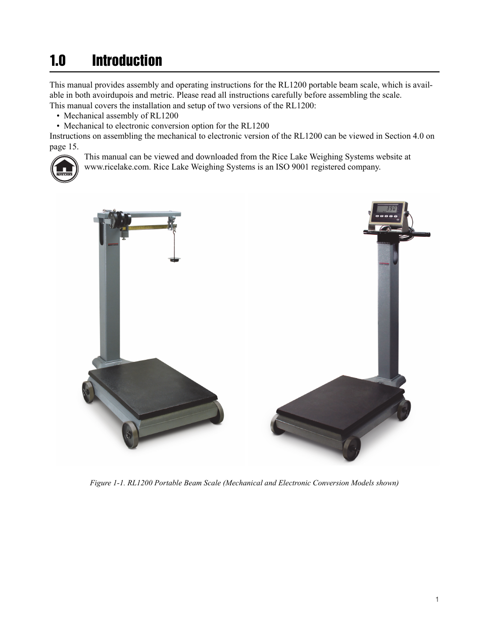 0 introduction, Introduction | Rice Lake RL1200 Portable Beam Scale User Manual | Page 5 / 32