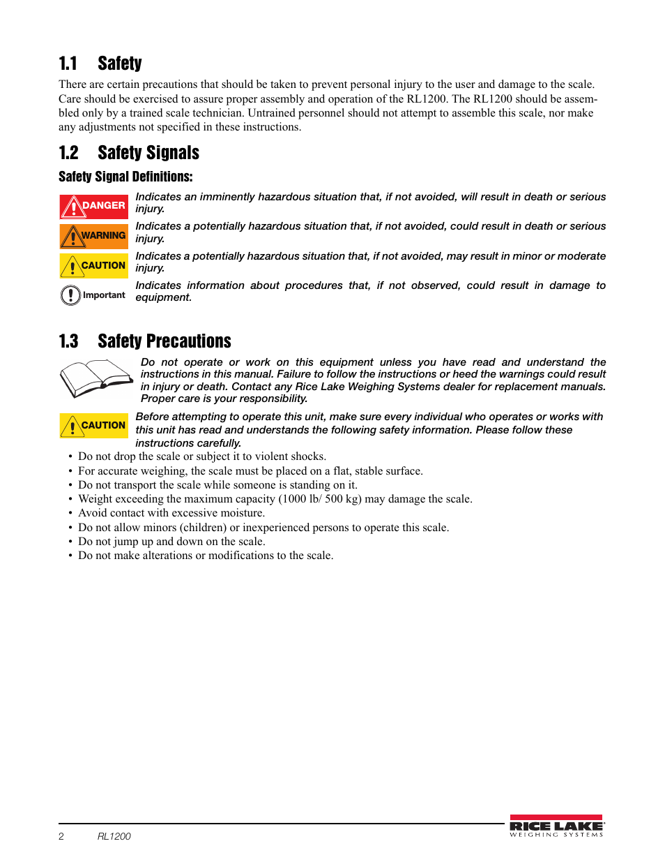 1 safety, 2 safety signals, 3 safety precautions | 1 safety 1.2 safety signals 1.3 safety precautions | Rice Lake RL1200 Portable Beam Scale User Manual | Page 6 / 32