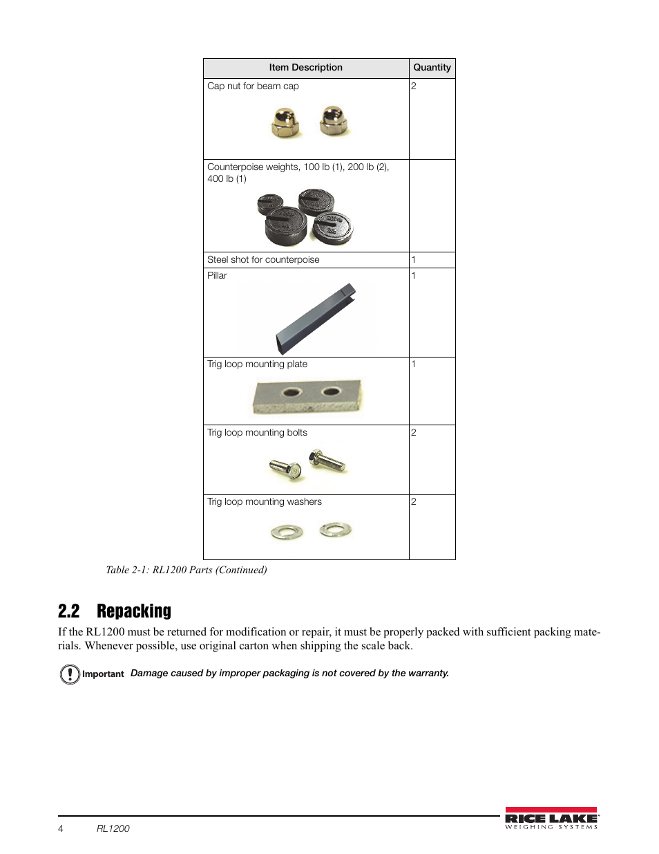 2 repacking | Rice Lake RL1200 Portable Beam Scale User Manual | Page 8 / 32