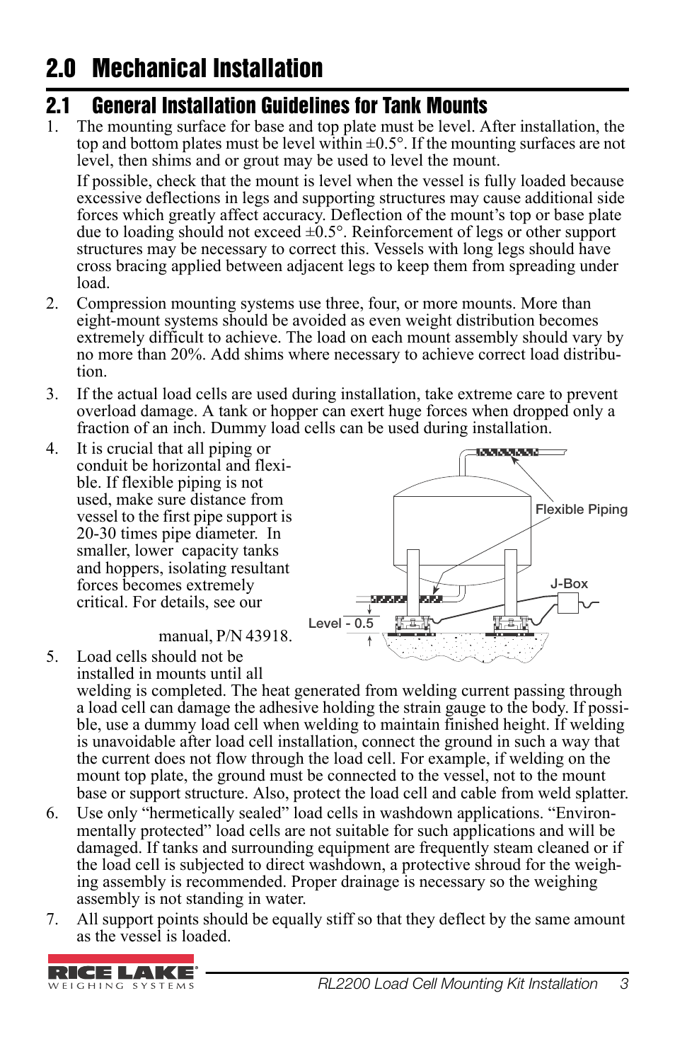 0 mechanical installation, 1 general installation guidelines for tank mounts, Mechanical installation | General installation guidelines for tank mounts | Rice Lake RL2200 Series Stainless Steel User Manual | Page 7 / 16