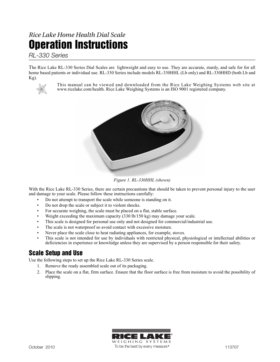 Rice Lake RL-330HHL Dial Home Health Scale (lb) User Manual | 2 pages