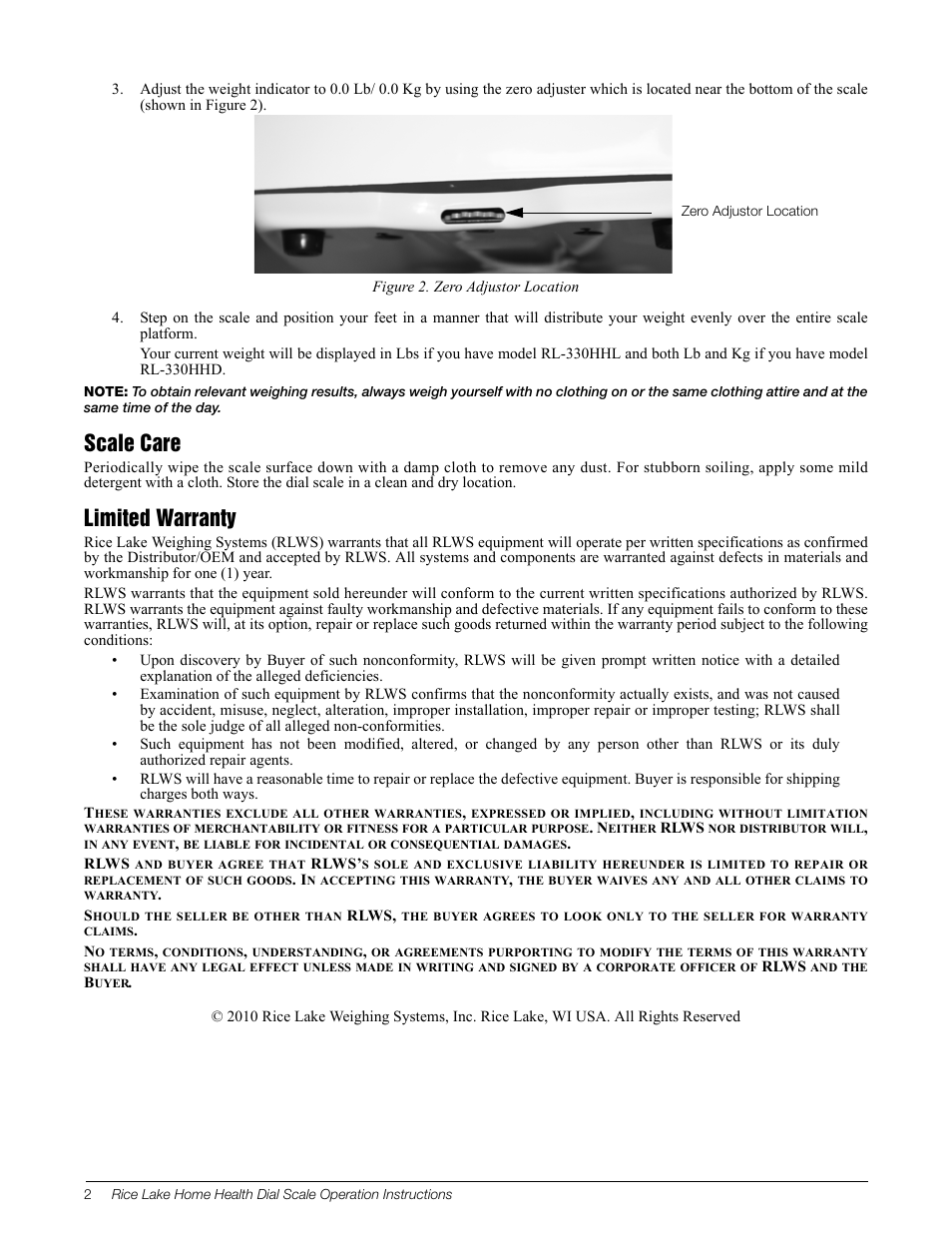 Scale care, Limited warranty | Rice Lake RL-330HHL Dial Home Health Scale (lb) User Manual | Page 2 / 2