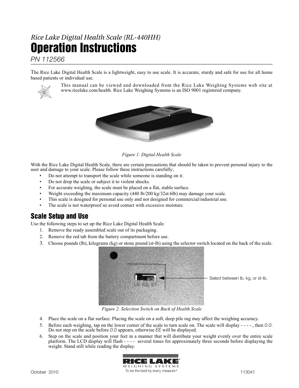 Rice Lake RL-440HH Digital Home Health Scale User Manual | 2 pages