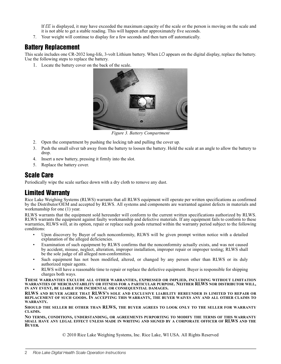 Battery replacement, Scale care, Limited warranty | Rice Lake RL-440HH Digital Home Health Scale User Manual | Page 2 / 2