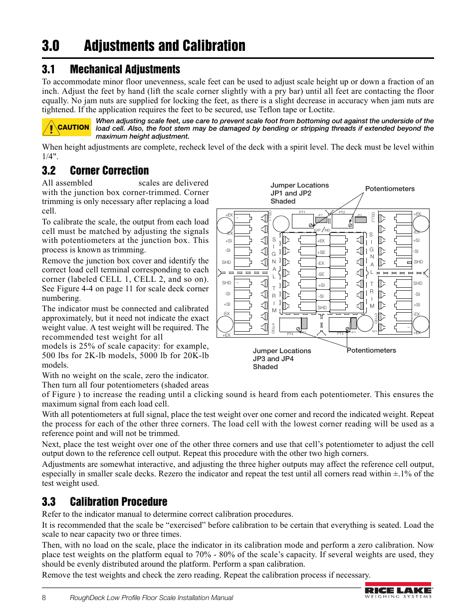 0 adjustments and calibration, 1 mechanical adjustments, 2 corner correction | 3 calibration procedure, Adjustments and calibration | Rice Lake RoughDeck Rough-n-Ready System User Manual | Page 12 / 20