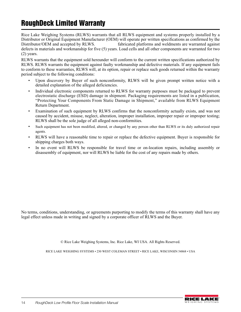 Roughdeck limited warranty | Rice Lake RoughDeck Rough-n-Ready System User Manual | Page 18 / 20