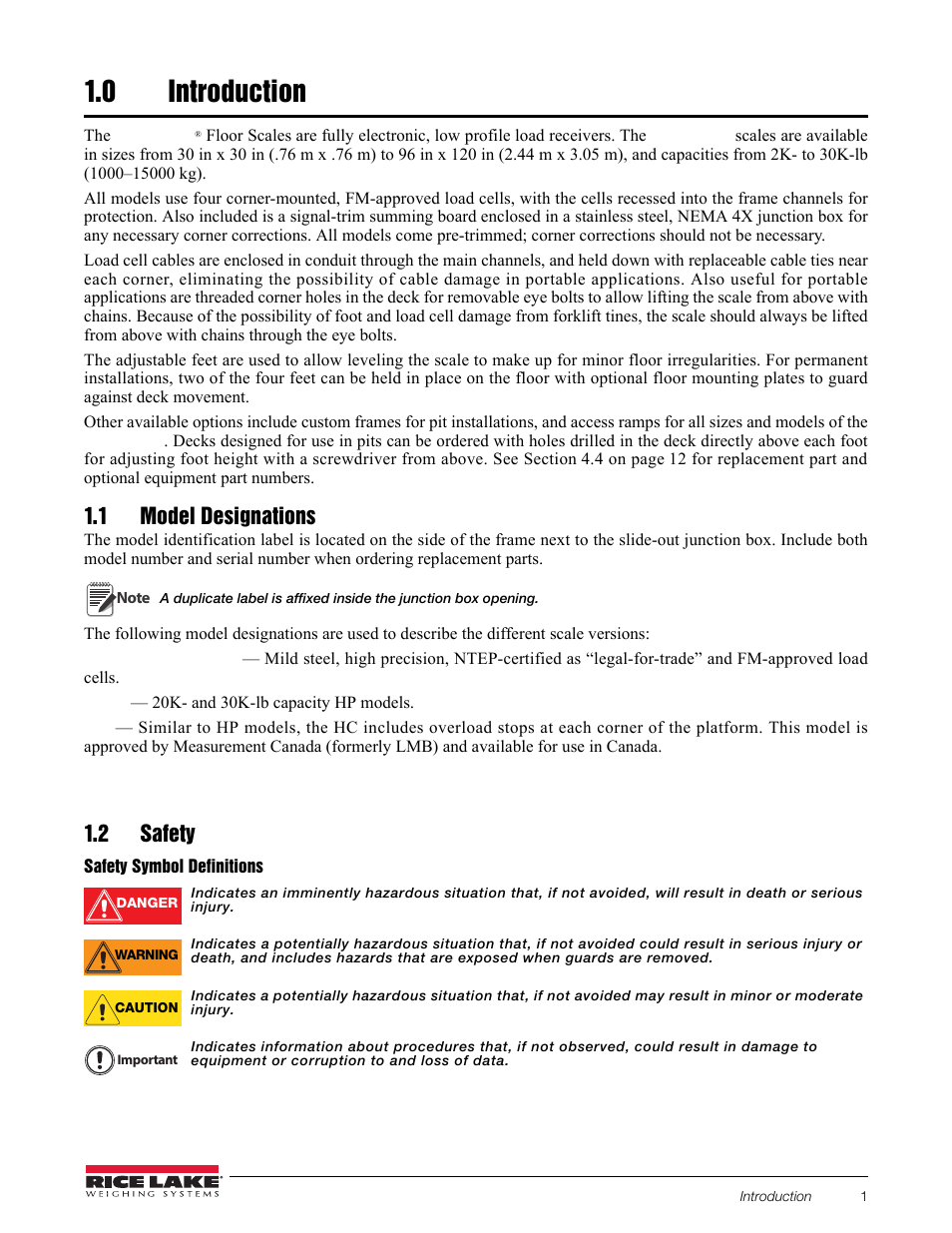 0 introduction, 1 model designations, 2 safety | Introduction, 1 model designations 1.2 safety | Rice Lake RoughDeck Rough-n-Ready System User Manual | Page 5 / 20