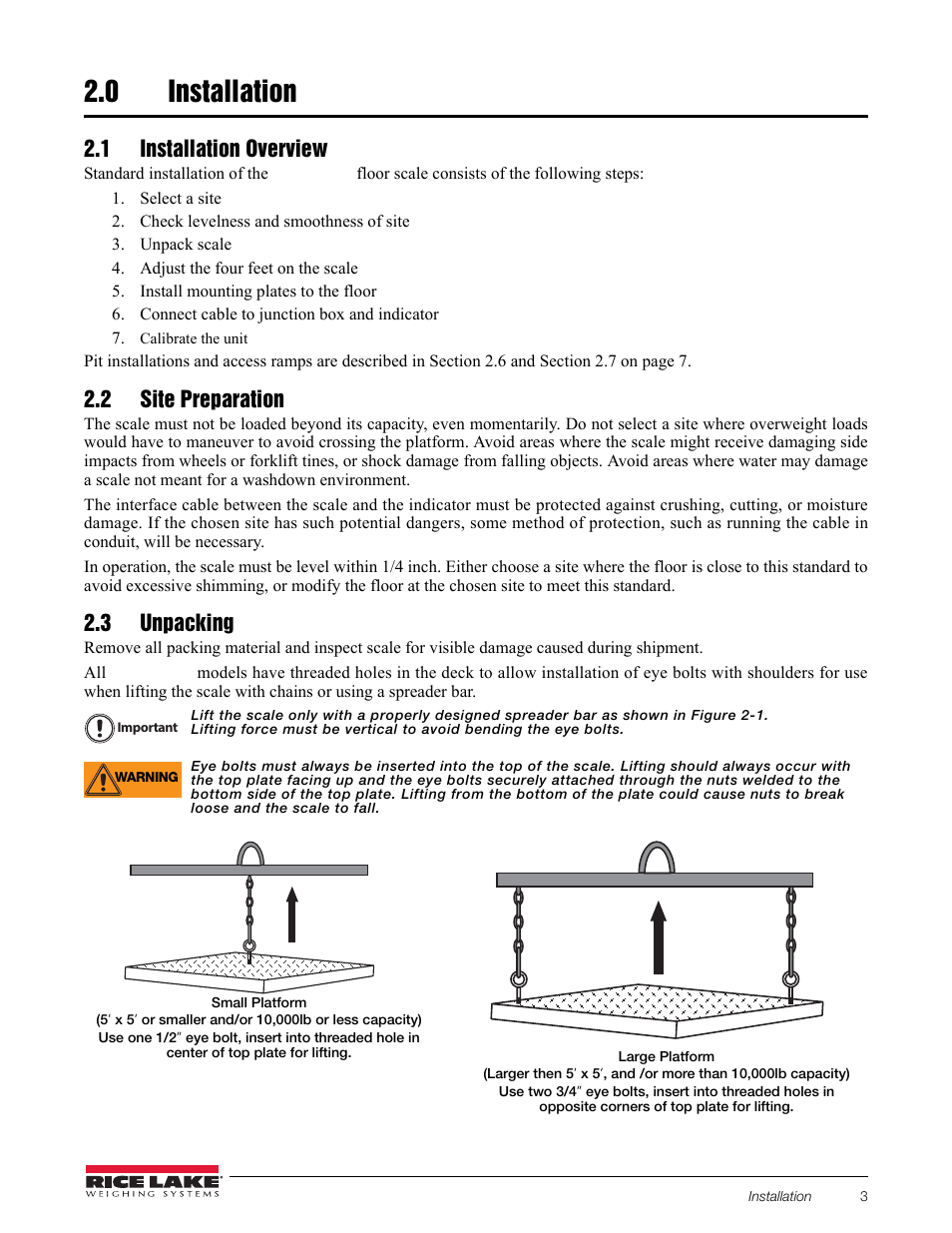 0 installation, 1 installation overview, 2 site preparation | 3 unpacking, Installation | Rice Lake RoughDeck Rough-n-Ready System User Manual | Page 7 / 20