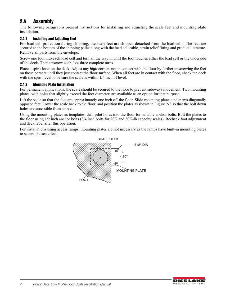 4 assembly, 1 installing and adjusting feet, 2 mounting plate installation | Installing and adjusting feet, Mounting plate installation | Rice Lake RoughDeck Rough-n-Ready System User Manual | Page 8 / 20