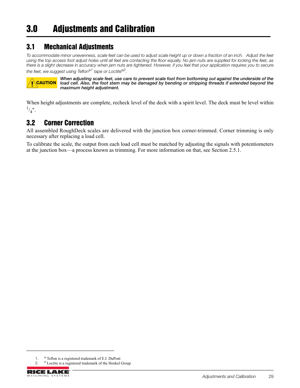 0 adjustments and calibration, 1 mechanical adjustments, 2 corner correction | Adjustments and calibration, 1 mechanical adjustments 3.2 corner correction | Rice Lake RoughDeck AX User Manual | Page 11 / 16