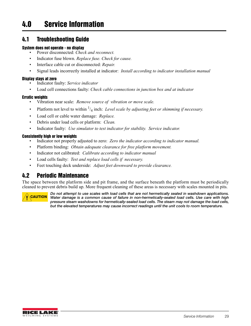 0 service information, 1 troubleshooting guide, 2 periodic maintenance | Service information, 1 troubleshooting guide 4.2 periodic maintenance | Rice Lake RoughDeck AX User Manual | Page 12 / 16