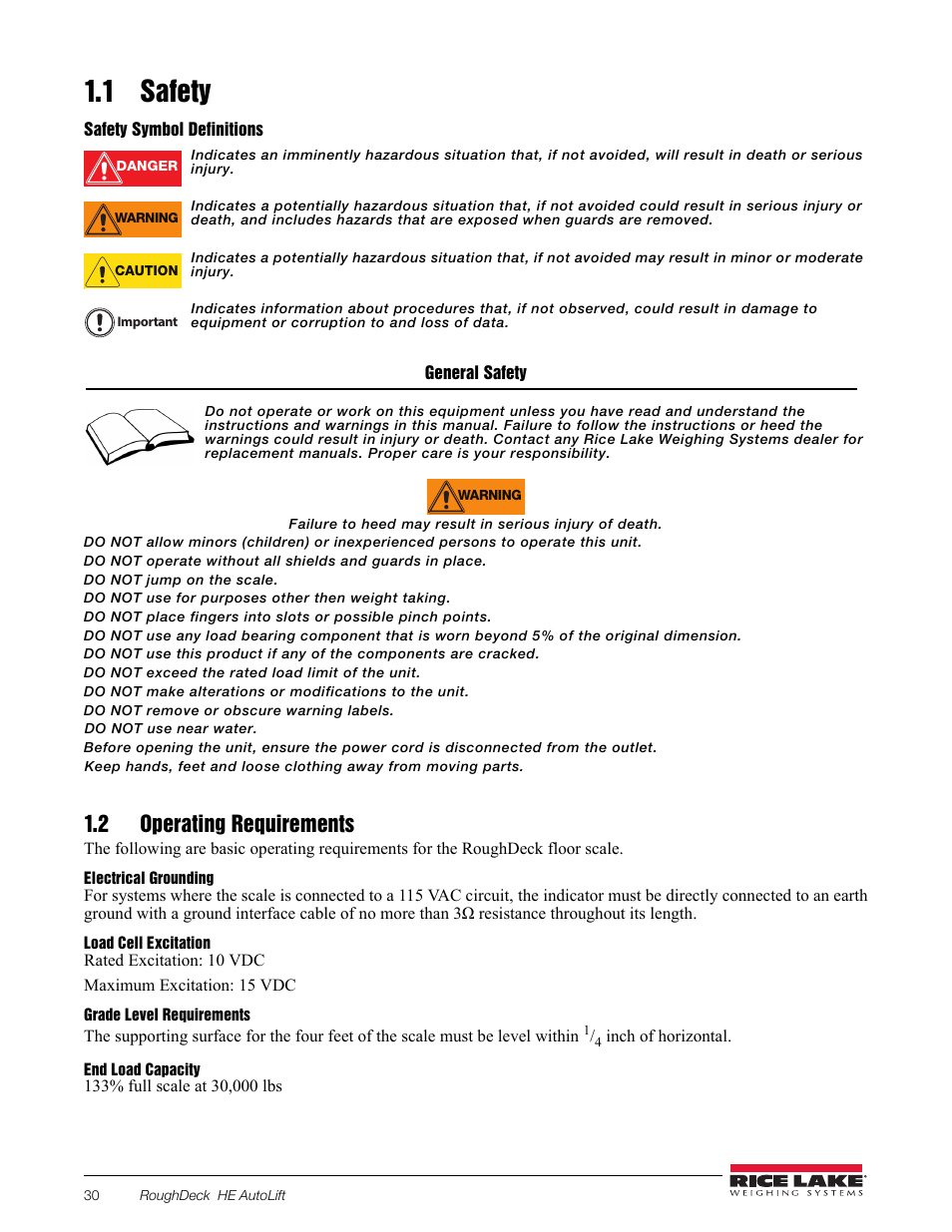 1 safety, 2 operating requirements, 1 safety 1.2 operating requirements | Rice Lake RoughDeck AX User Manual | Page 6 / 16