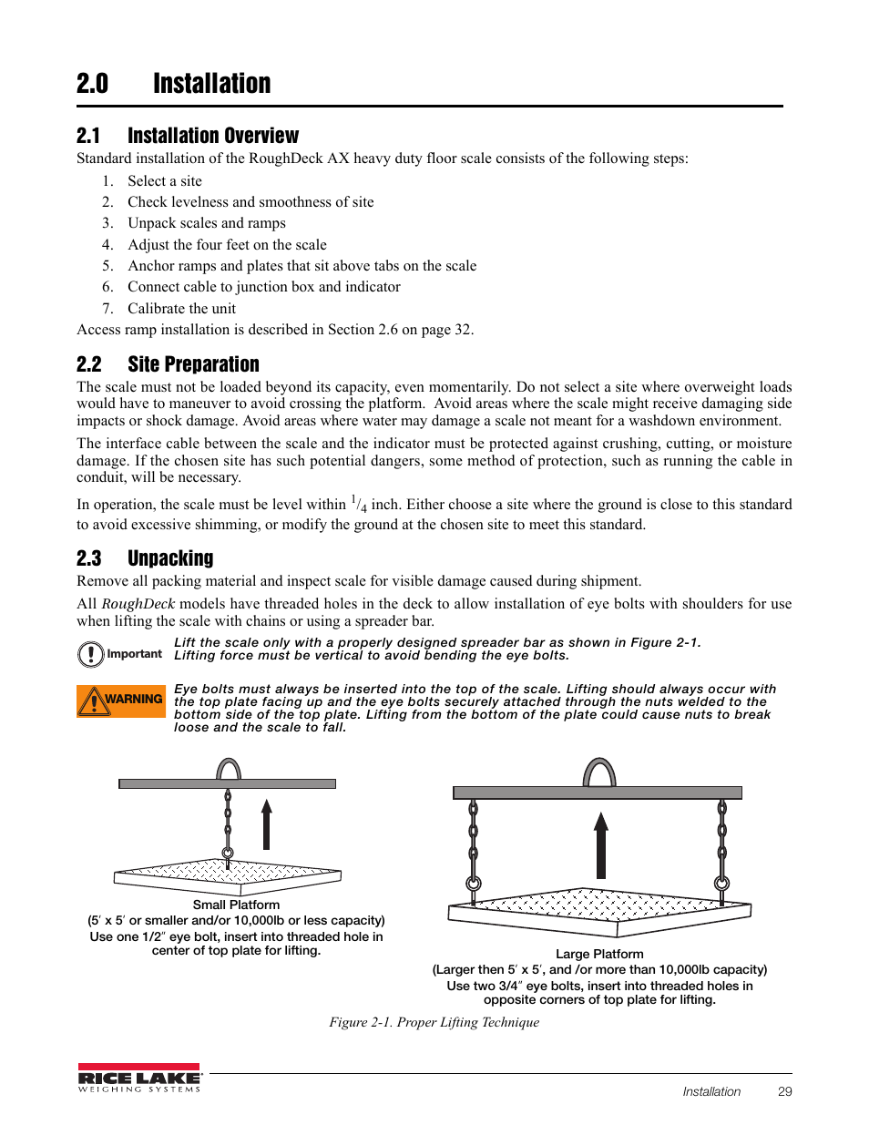 0 installation, 1 installation overview, 2 site preparation | 3 unpacking, Installation | Rice Lake RoughDeck AX User Manual | Page 7 / 16