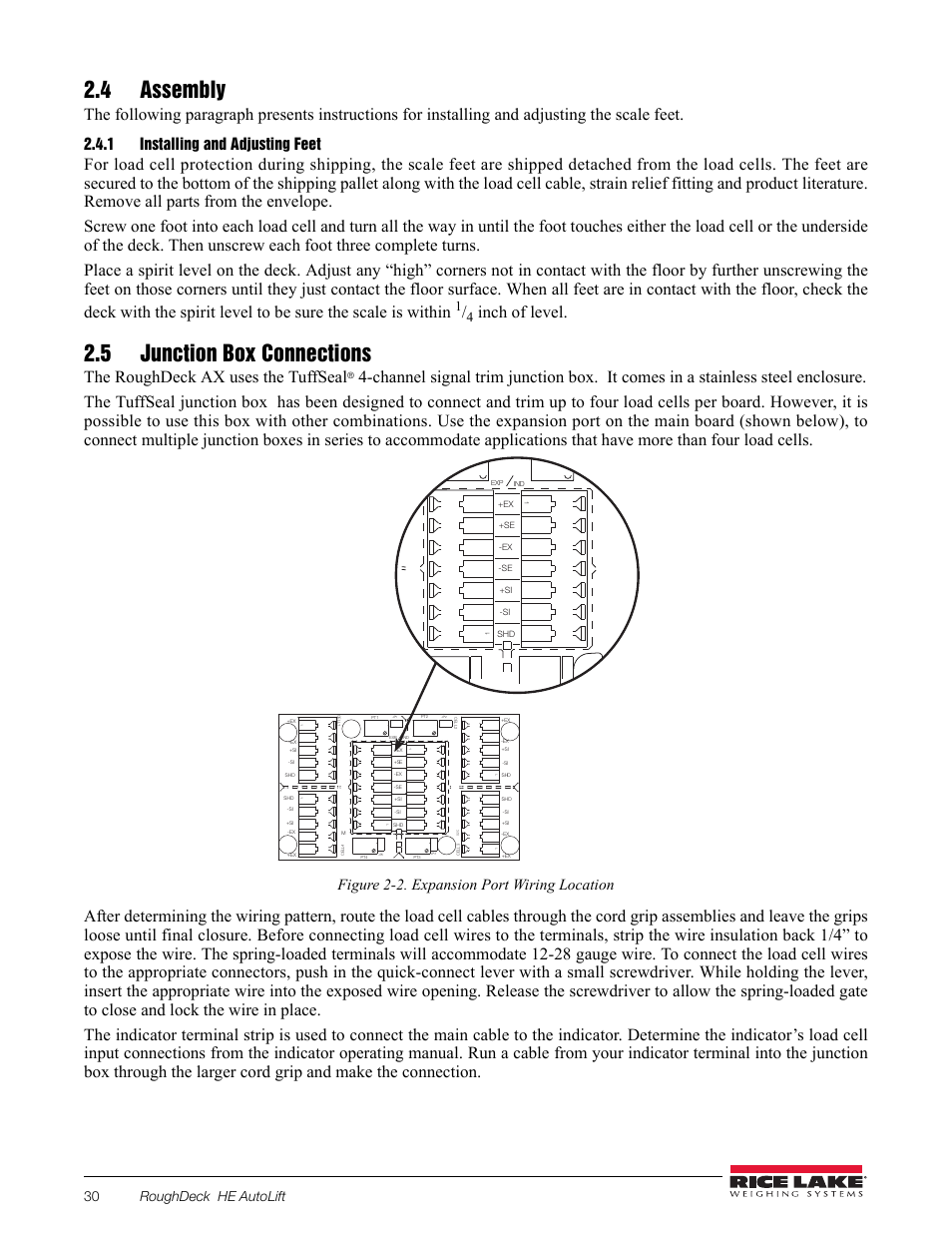 4 assembly, 1 installing and adjusting feet, 5 junction box connections | Installing and adjusting feet, Inch of level, The roughdeck ax uses the tuffseal, Figure 2-2. expansion port wiring location, 30 roughdeck he autolift | Rice Lake RoughDeck AX User Manual | Page 8 / 16