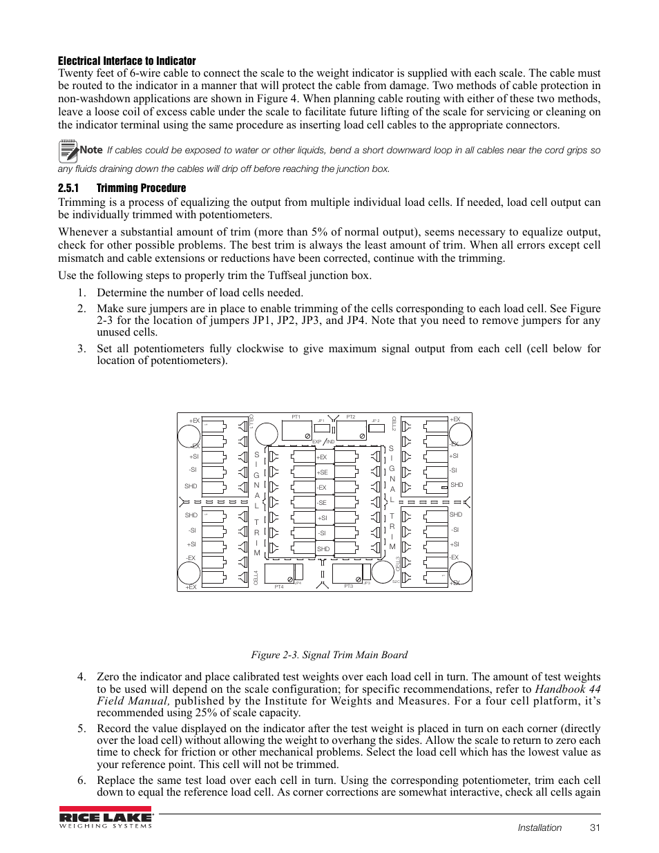 1 trimming procedure, Trimming procedure, Electrical interface to indicator | Figure 2-3. signal trim main board | Rice Lake RoughDeck AX User Manual | Page 9 / 16