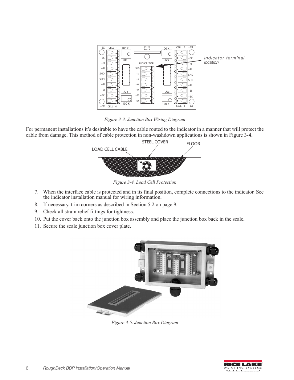 Figure 3-3. junction box wiring diagram, Figure 3-4. load cell protection, Figure 3-5. junction box diagram | Floor load cell cable steel cover, 6roughdeck bdp installation/operation manual | Rice Lake RoughDeck BDP with Portability Option User Manual | Page 10 / 22