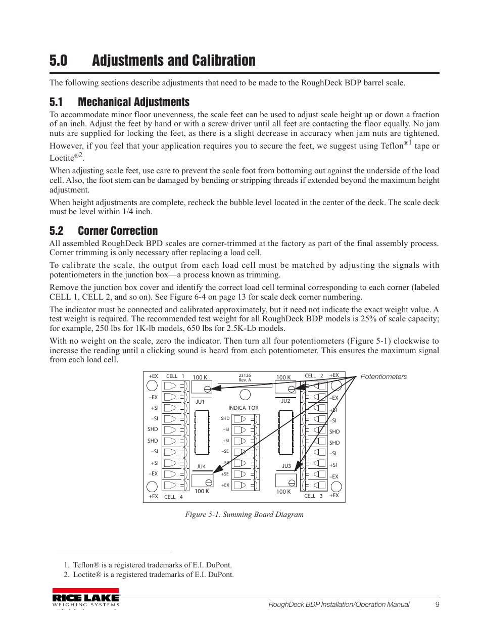 0 adjustments and calibration, 1 mechanical adjustments, 2 corner correction | Adjustments and calibration, 1 mechanical adjustments 5.2 corner correction | Rice Lake RoughDeck BDP with Portability Option User Manual | Page 13 / 22