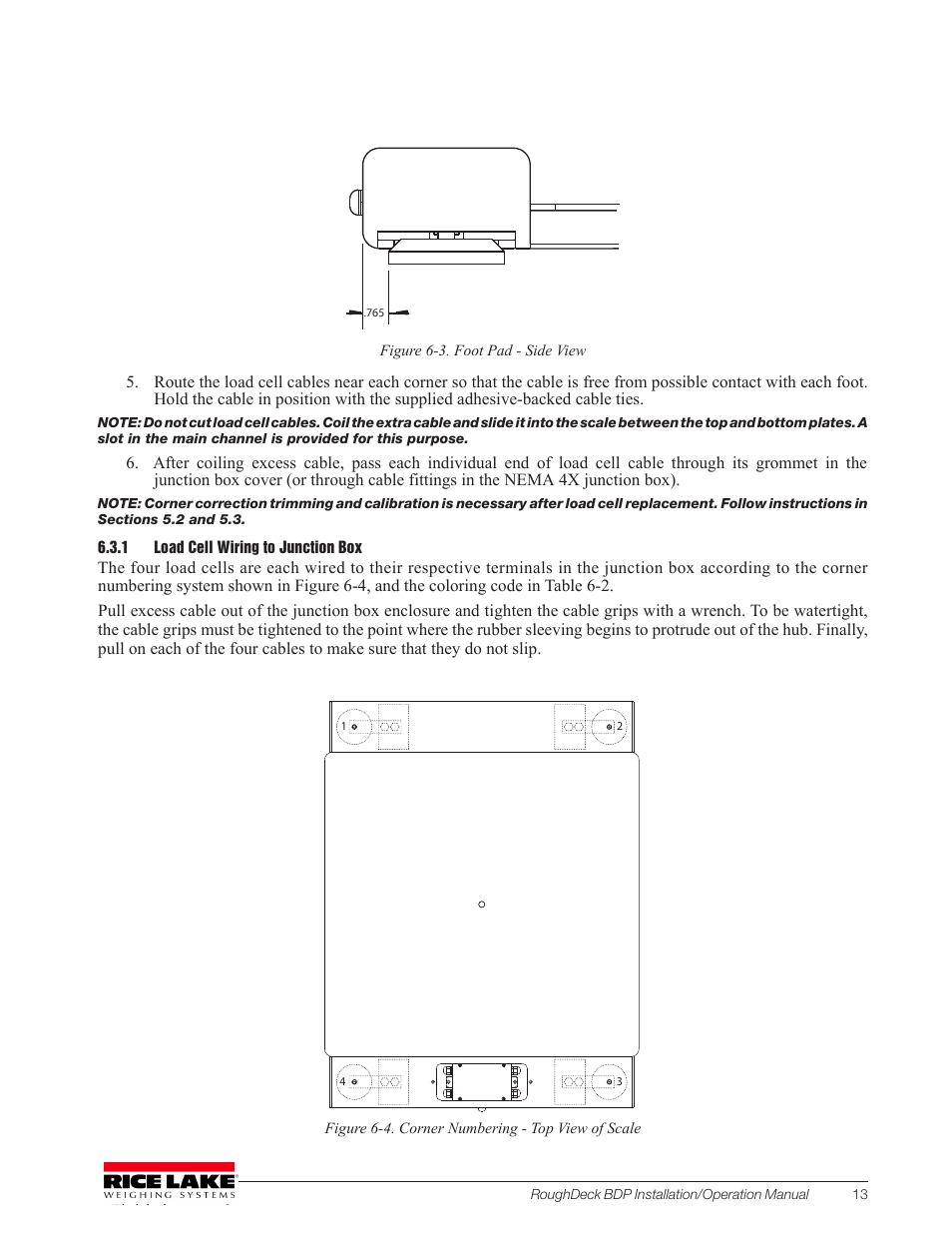 1 load cell wiring to junction box, Load cell wiring to junction box, Numbering diagram in figure 6-4 13 | Maintain the dimension shown in figure 6-3 | Rice Lake RoughDeck BDP with Portability Option User Manual | Page 17 / 22
