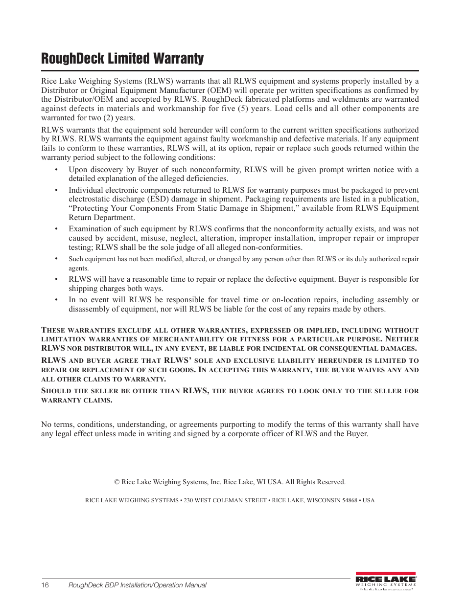 Roughdeck limited warranty | Rice Lake RoughDeck BDP with Portability Option User Manual | Page 20 / 22
