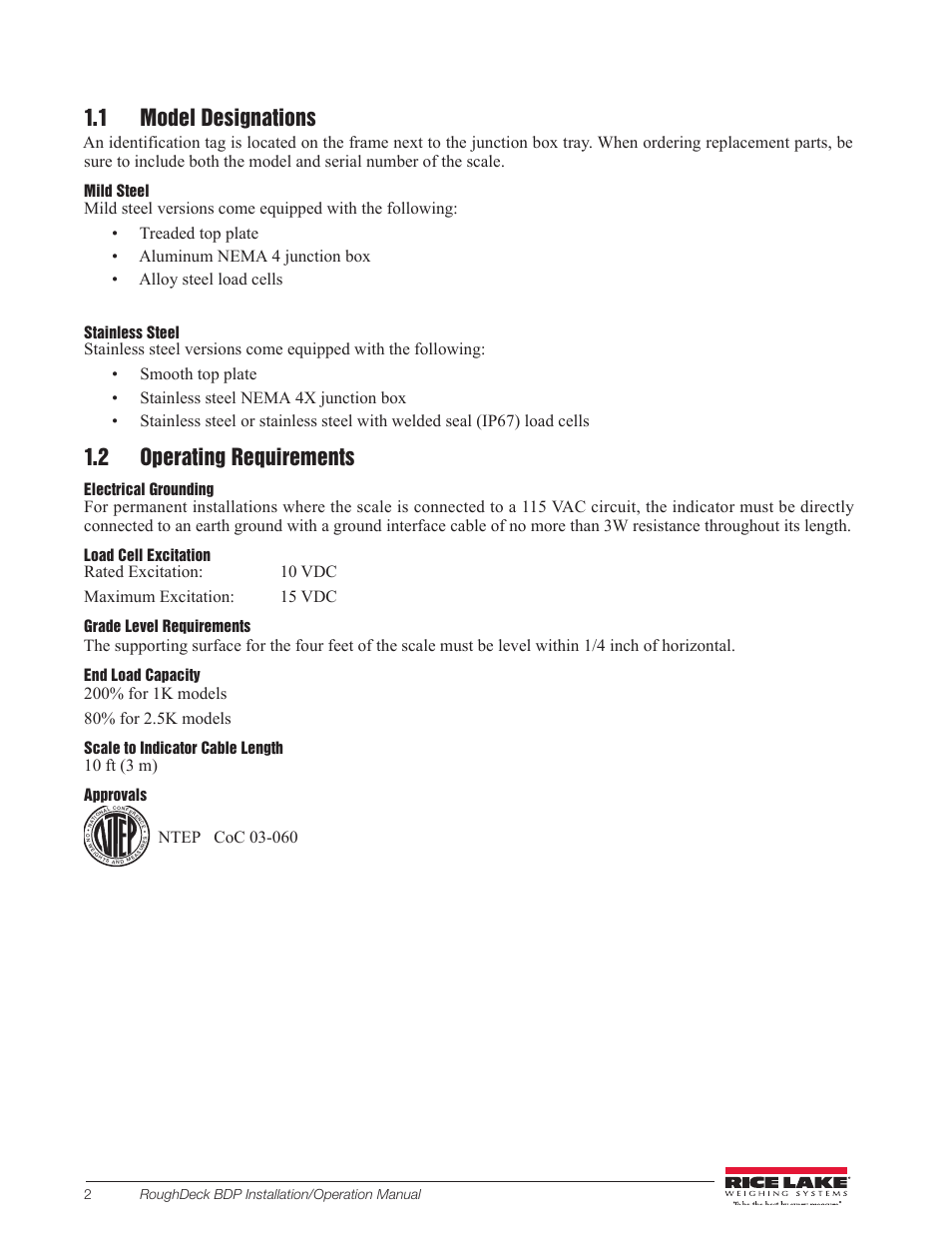 1 model designations, 2 operating requirements, 1 model designations 1.2 operating requirements | 10 ft (3 m) | Rice Lake RoughDeck BDP with Portability Option User Manual | Page 6 / 22