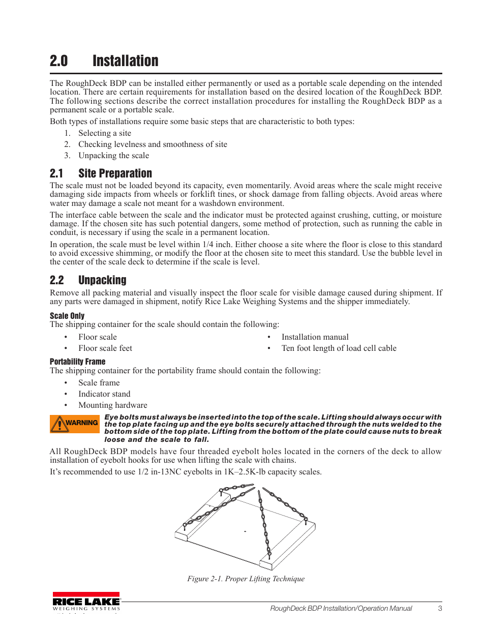 0 installation, 1 site preparation, 2 unpacking | 1 site preparation 2.2 unpacking | Rice Lake RoughDeck BDP with Portability Option User Manual | Page 7 / 22