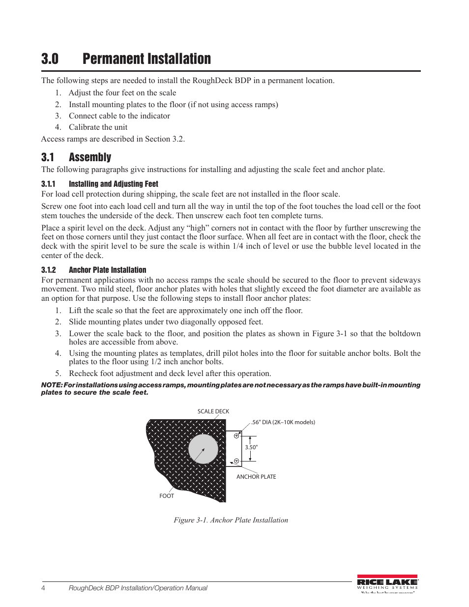 0 permanent installation, 1 assembly, 1 installing and adjusting feet | 2 anchor plate installation, 0 permanent, Installation, Installing and adjusting feet, Anchor plate installation | Rice Lake RoughDeck BDP with Portability Option User Manual | Page 8 / 22