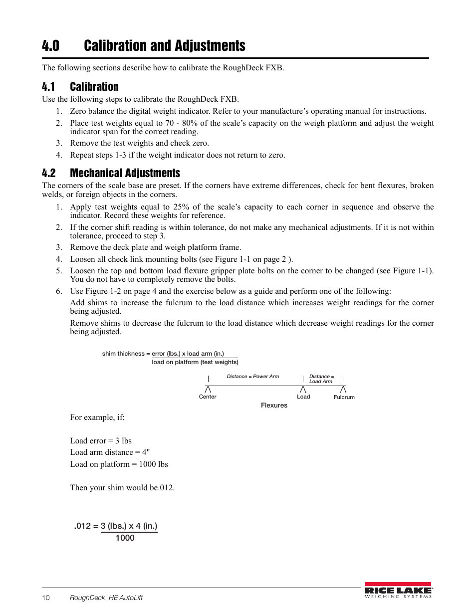 0 calibration and adjustments, 1 calibration, 2 mechanical adjustments | Calibration and adjustments, 1 calibration 4.2 mechanical adjustments | Rice Lake RoughDeck FXB Flexure Lever Floor Scale User Manual | Page 14 / 22