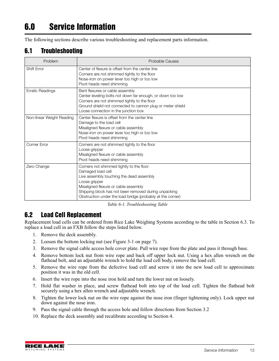 0 service information, 1 troubleshooting, 2 load cell replacement | Service information, 1 troubleshooting 6.2 load cell replacement | Rice Lake RoughDeck FXB Flexure Lever Floor Scale User Manual | Page 17 / 22