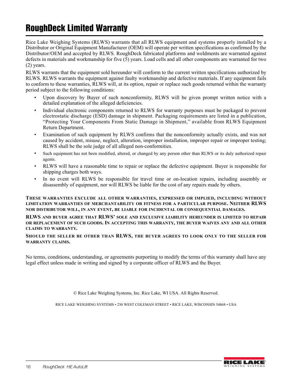 Roughdeck limited warranty | Rice Lake RoughDeck FXB Flexure Lever Floor Scale User Manual | Page 20 / 22