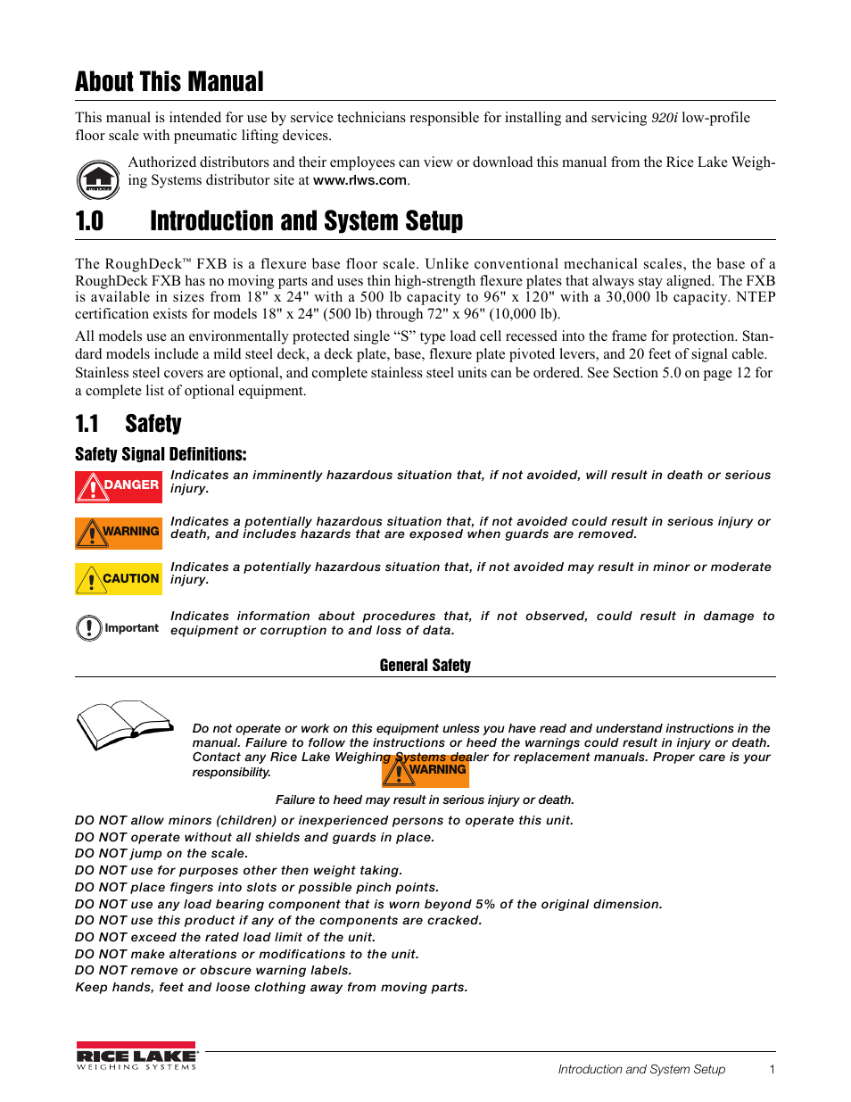 About this manual, 0 introduction and system setup, 1 safety | About this manual 1.0, Introduction and system setup | Rice Lake RoughDeck FXB Flexure Lever Floor Scale User Manual | Page 5 / 22