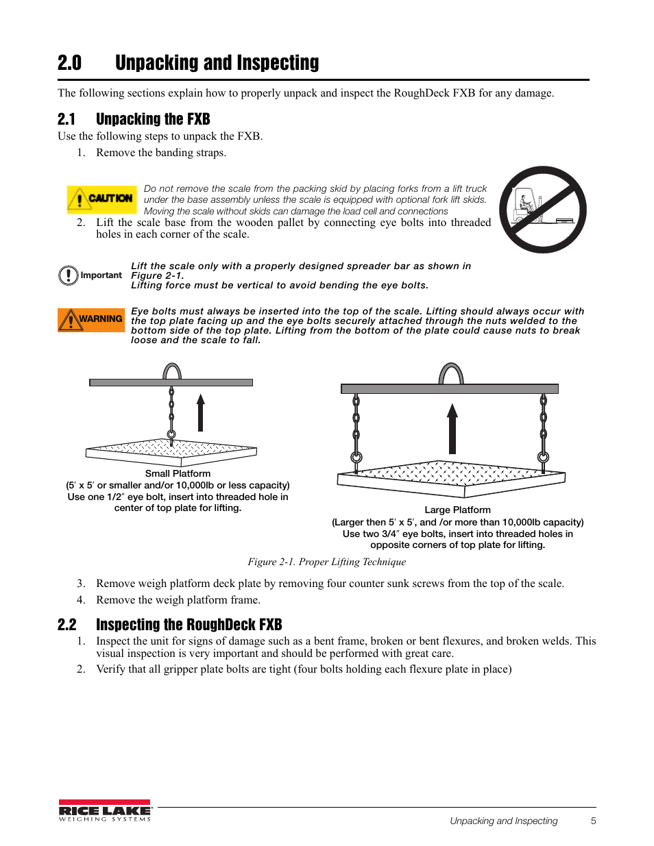 0 unpacking and inspecting, 1 unpacking the fxb, 2 inspecting the roughdeck fxb | Unpacking and inspecting | Rice Lake RoughDeck FXB Flexure Lever Floor Scale User Manual | Page 9 / 22