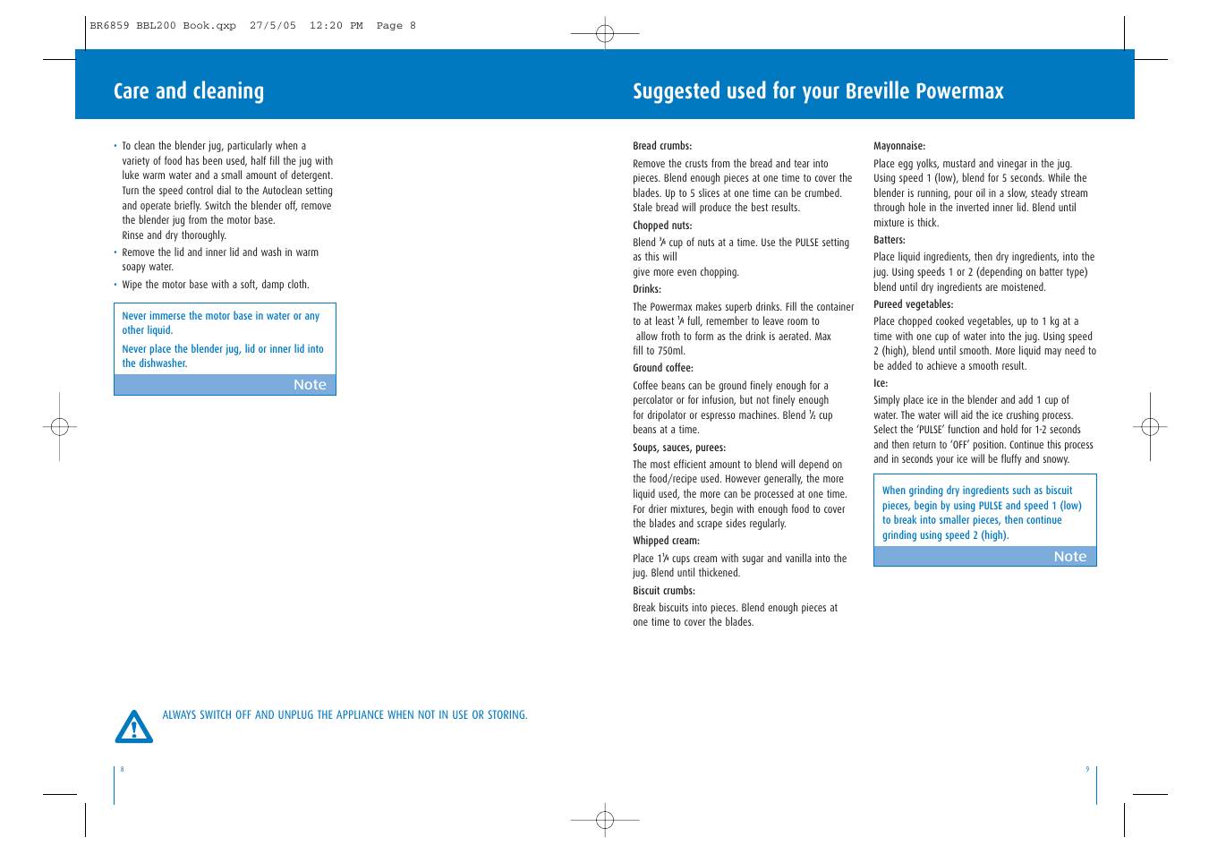 Suggested used for your breville powermax, Care and cleaning | Breville POWERMAX BBL200 User Manual | Page 5 / 18