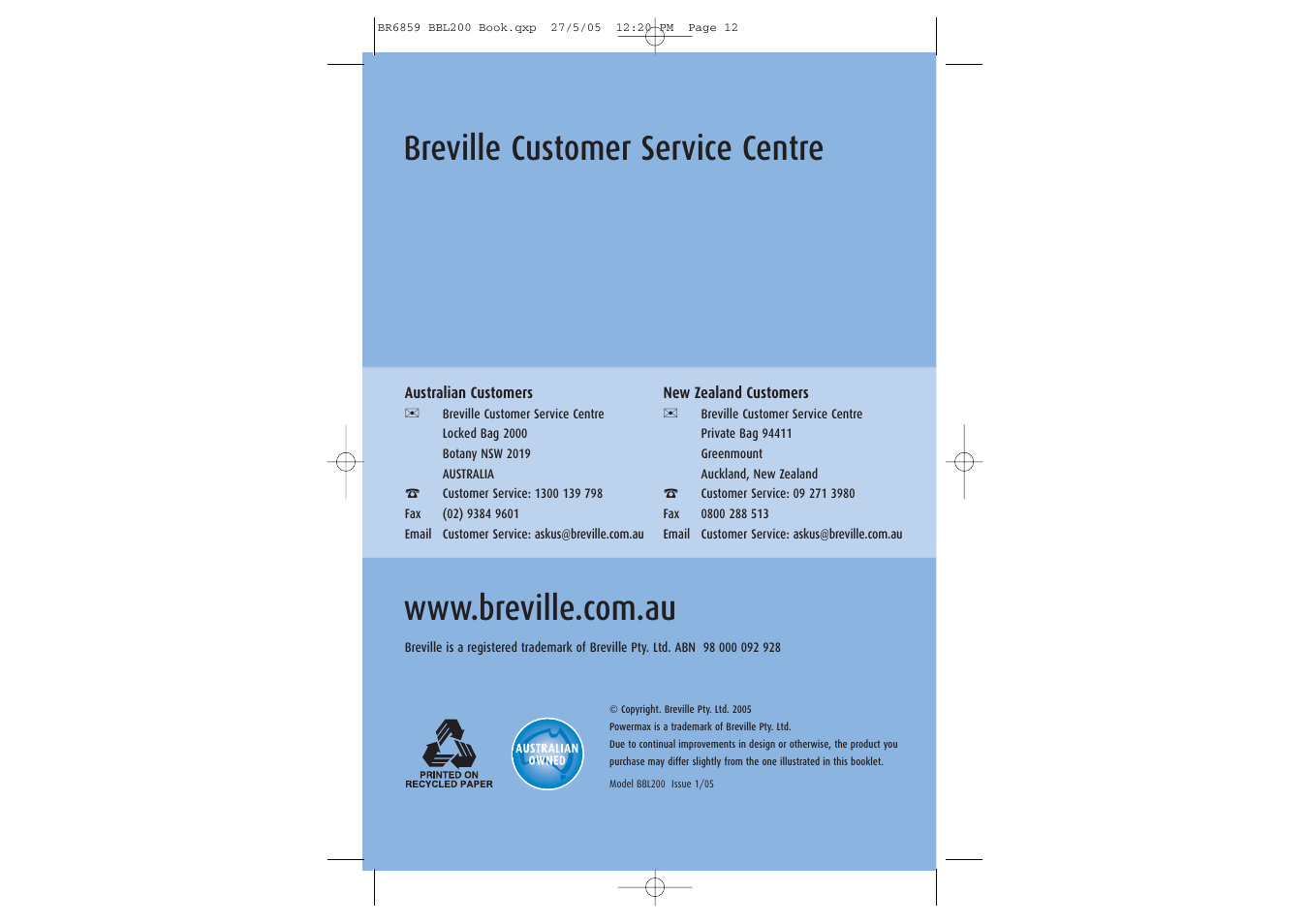 Breville customer service centre | Breville POWERMAX BBL200 User Manual | Page 7 / 18